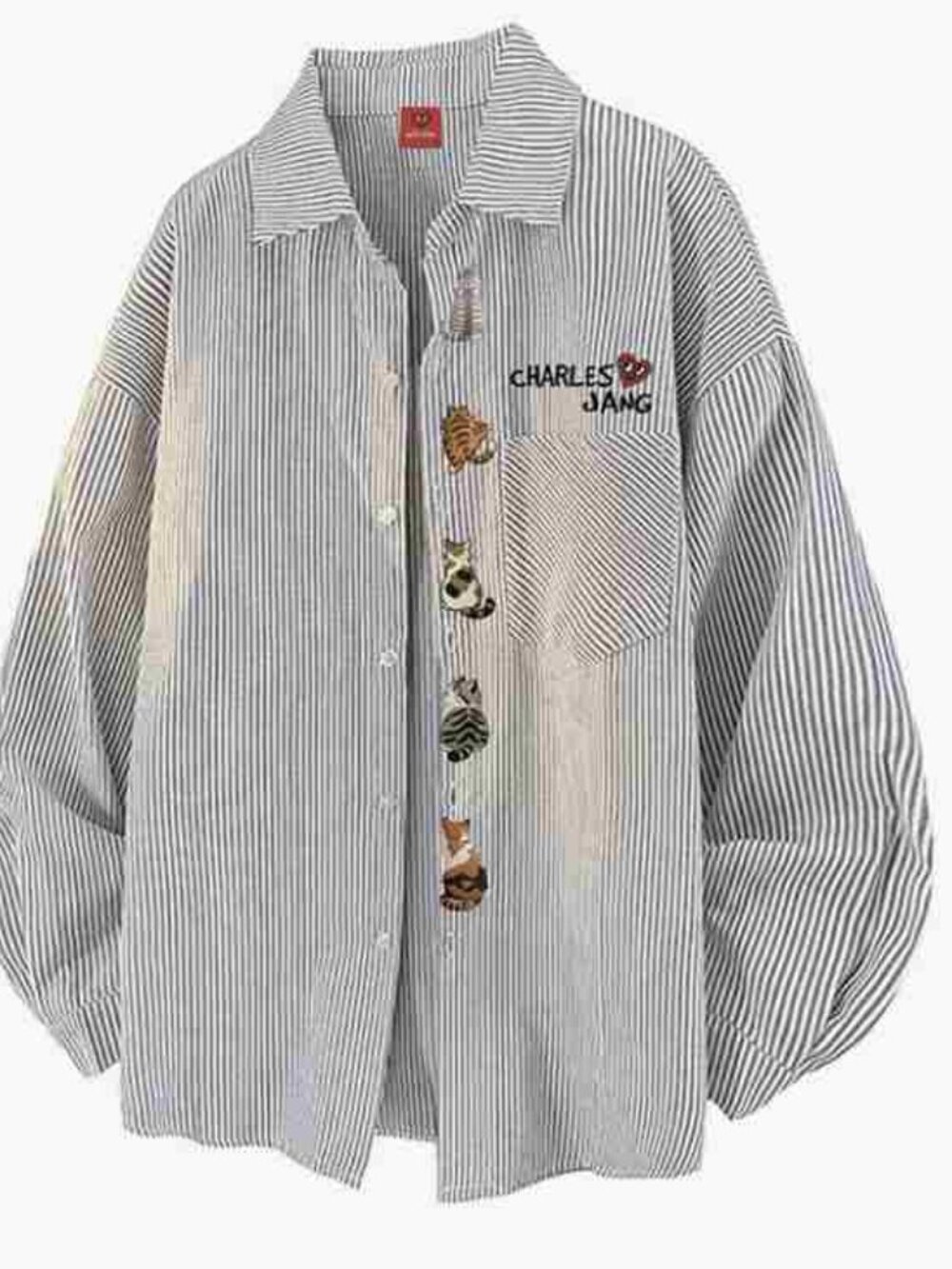 Cat Embroidered Stripe Shirt